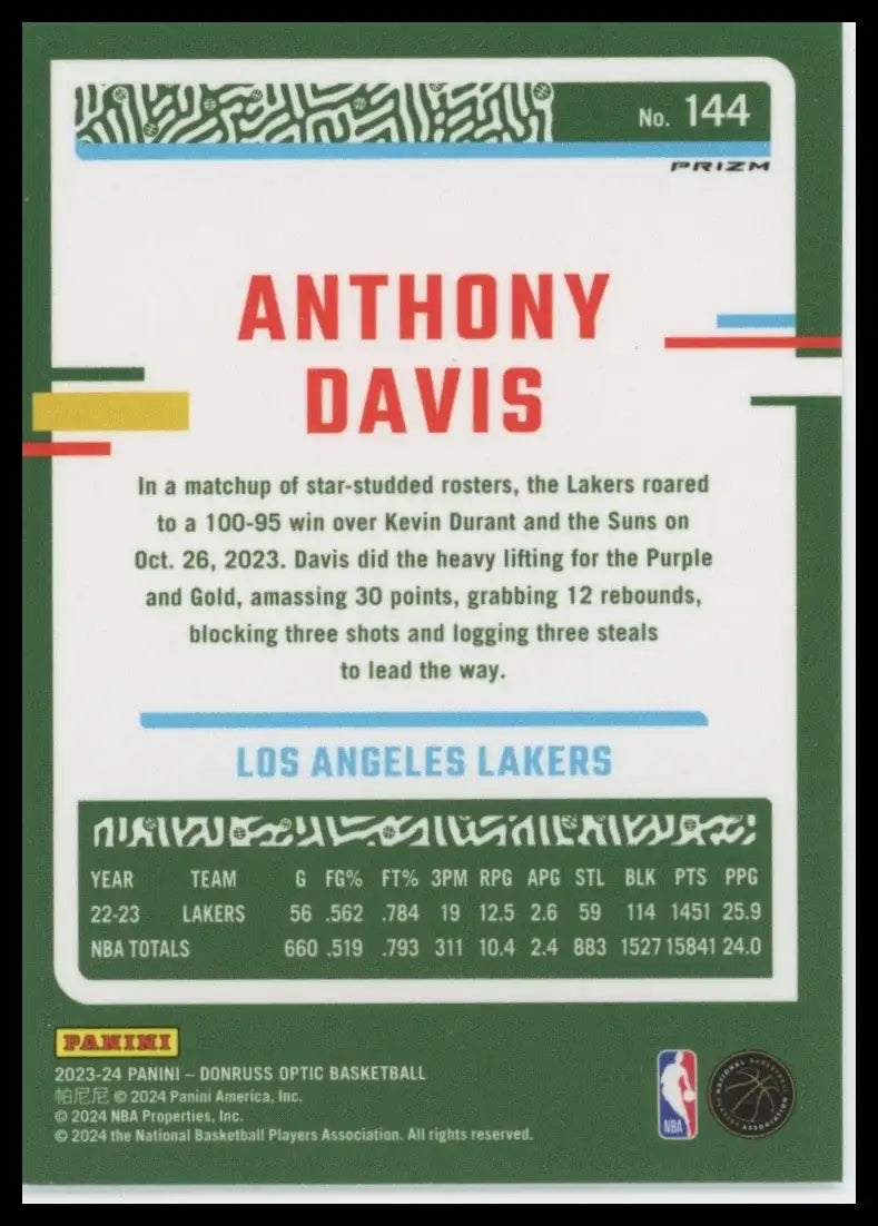 2023-24 Panini Donruss Optic Holo Anthony Davis #144 Los Angeles Lakers Card NBA