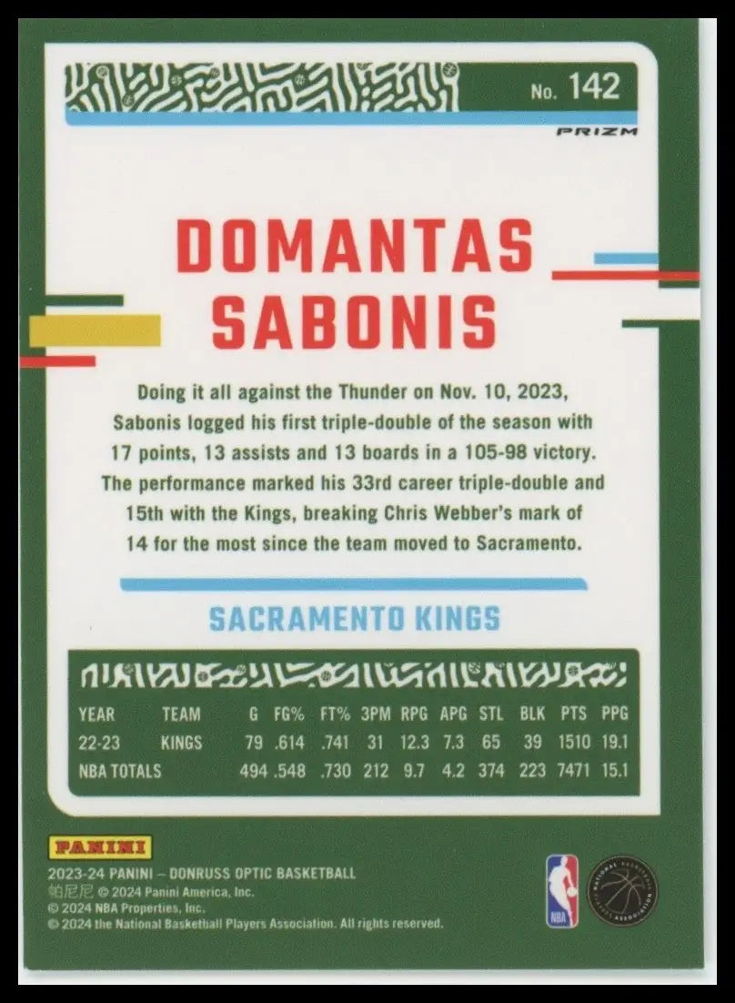 2023-24 Panini Donruss Optic Holo Domantas Sabonis #142 Sacramento Kings Card