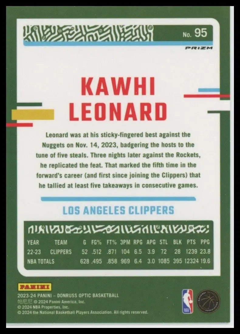 2023-24 Panini Donruss Optic Holo Kawhi Leonard #95 Los Angeles Clippers Card
