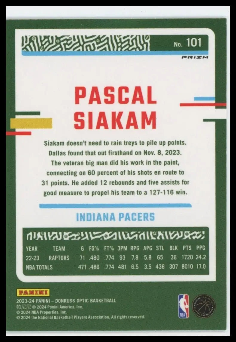 2023-24 Panini Donruss Optic Holo Pascal Siakam #101 Indiana Pacers Basketball