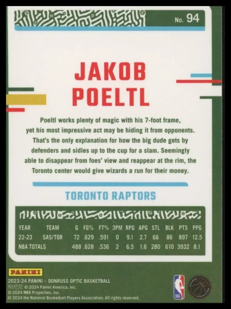 2023-24 Panini Donruss Optic Jakob Poeltl #94 Toronto Raptors Basketball Card - Basketball Card Single