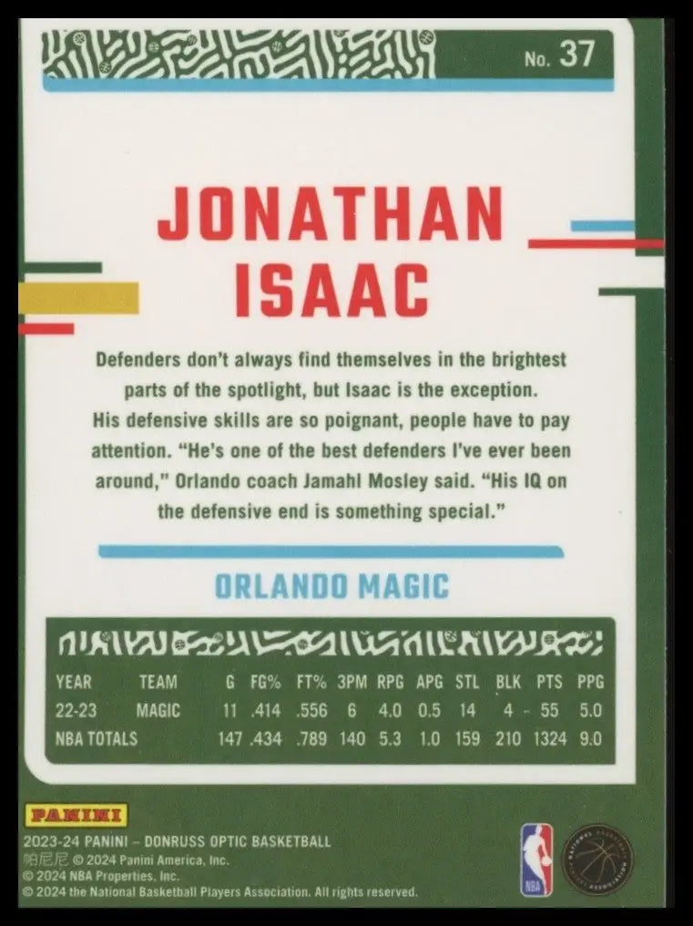 2023-24 Panini Donruss Optic Jonathan Isaac #37 Orlando Magic Basketball Card - Basketball Card Single