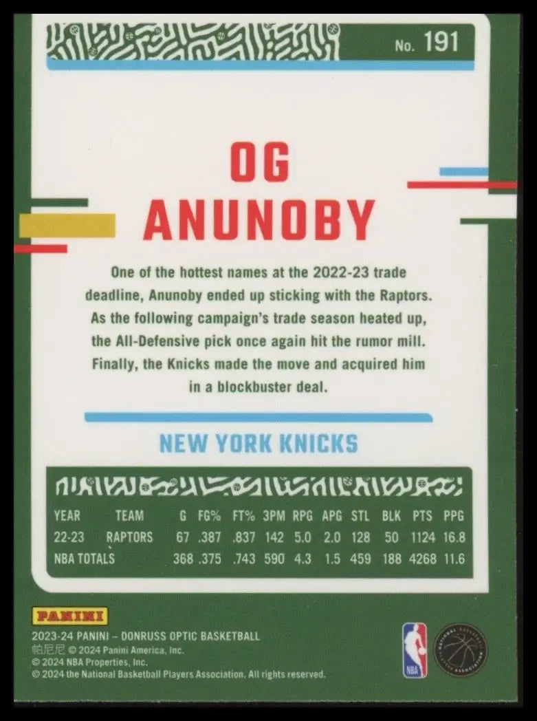 2023-24 Panini Donruss Optic OG Anunoby #191 New York Knicks Basketball Card NBA - Basketball Card Single