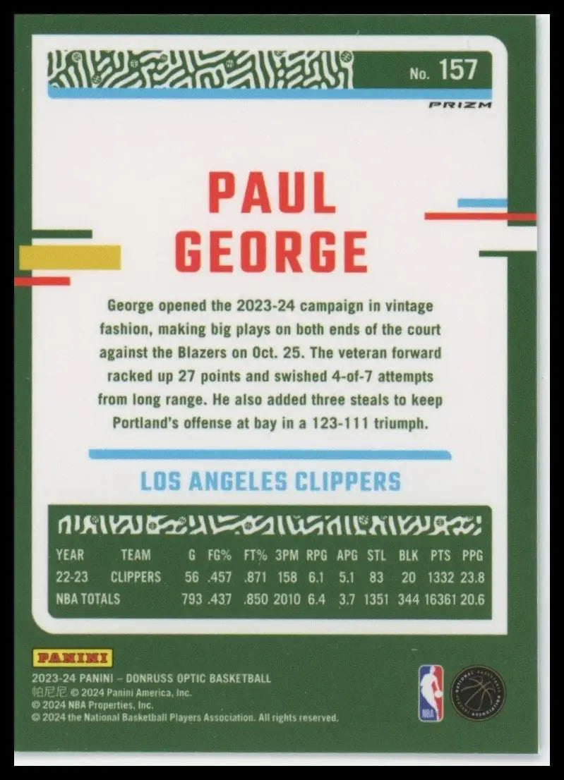 2023-24 Panini Donruss Optic - Paul George #157 Purple Prizm - Basketball Card Single