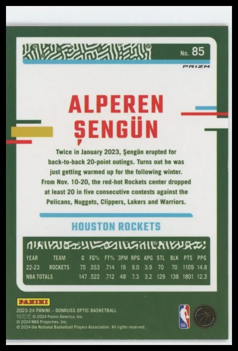 2023-24 Panini Donruss Optic Pink Hyper Alperen Sengun #85 Houston Rockets Card
