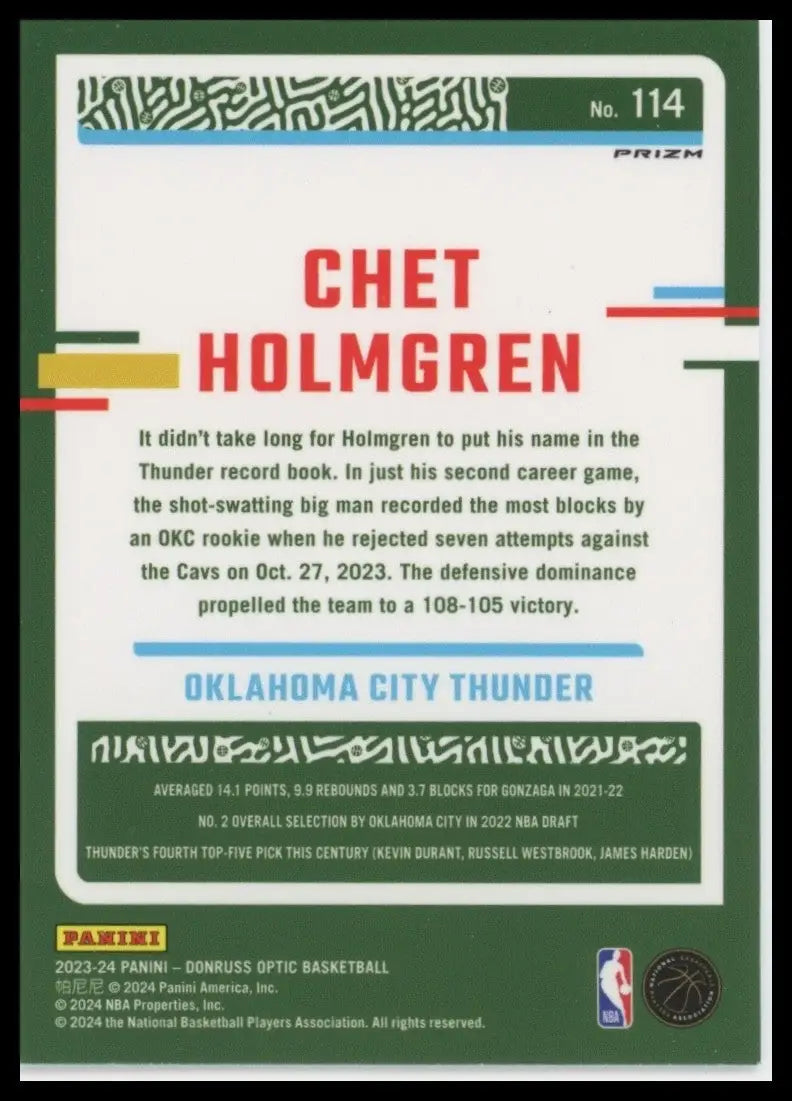 2023-24 Panini Donruss Optic Pink Hyper Chet Holmgren #114 OKC Thunder Card NBA