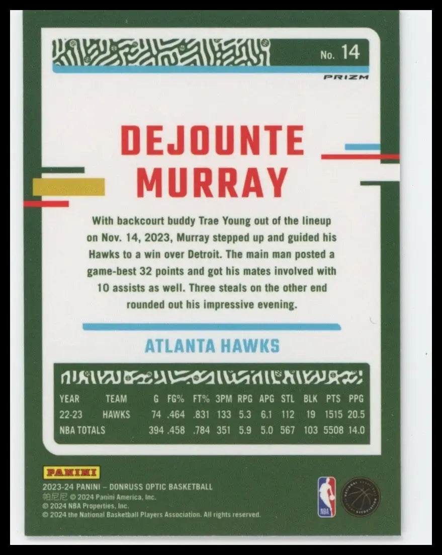 2023-24 Panini Donruss Optic Pink Hyper Dejounte Murray #14 Atlanta Hawks Card