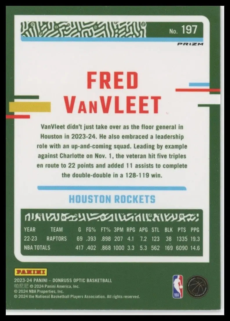 2023-24 Panini Donruss Optic Pink Hyper Fred VanVleet #197 Houston Rockets Card - Basketball Card Single