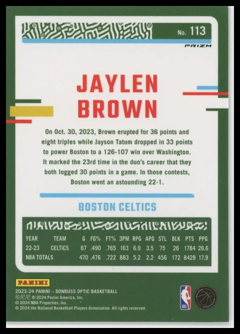 2023-24 Panini Donruss Optic Pink Hyper Jaylen Brown #113 Boston Celtics Card
