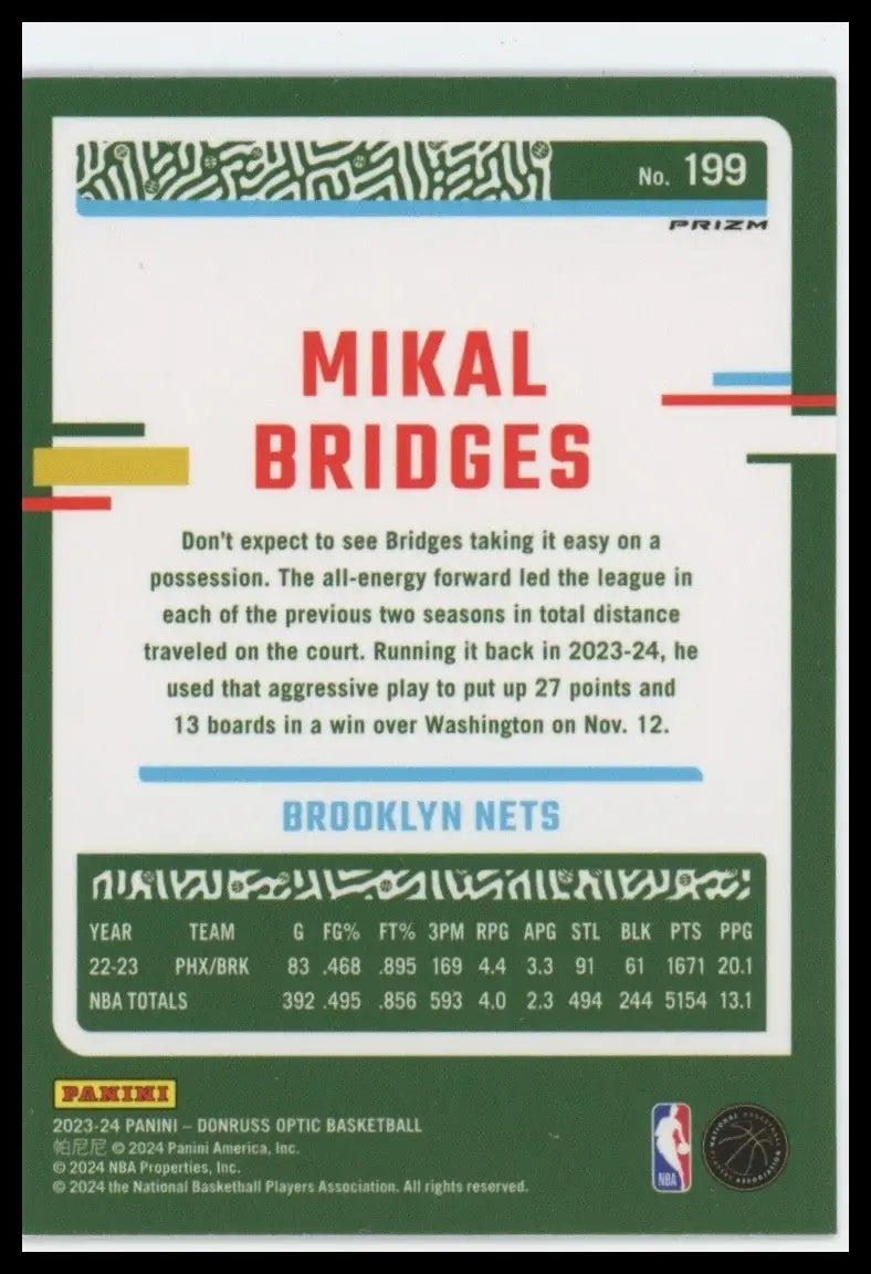 2023-24 Panini Donruss Optic Pink Hyper Mikal Bridges #199 Brooklyn Nets Card - Basketball Card Single