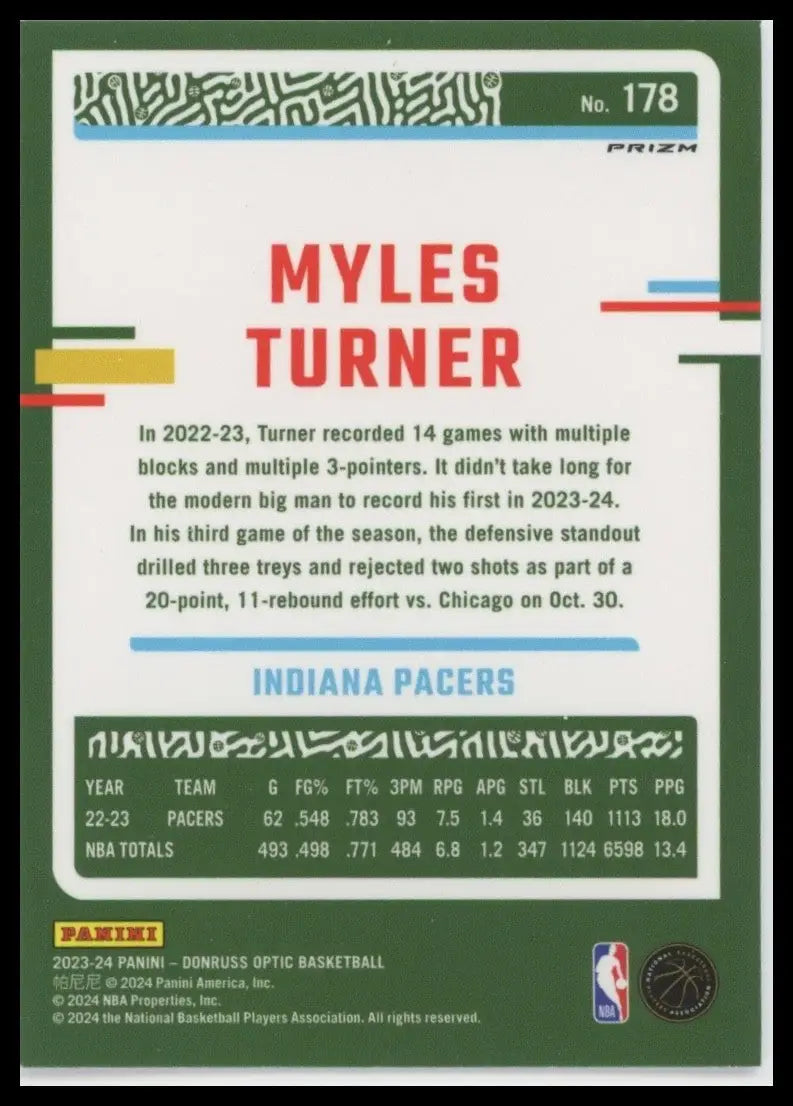 2023-24 Panini Donruss Optic Pink Hyper Myles Turner #178 Indiana Pacers Card - Basketball Card Single