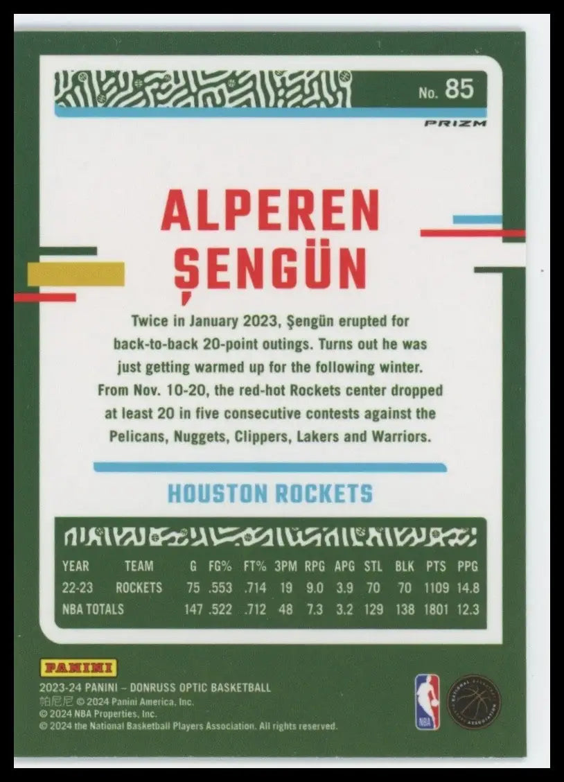 2023-24 Panini Donruss Optic Purple Shock Alperen Sengun #85 Houston Rockets NBA - Basketball Card Single