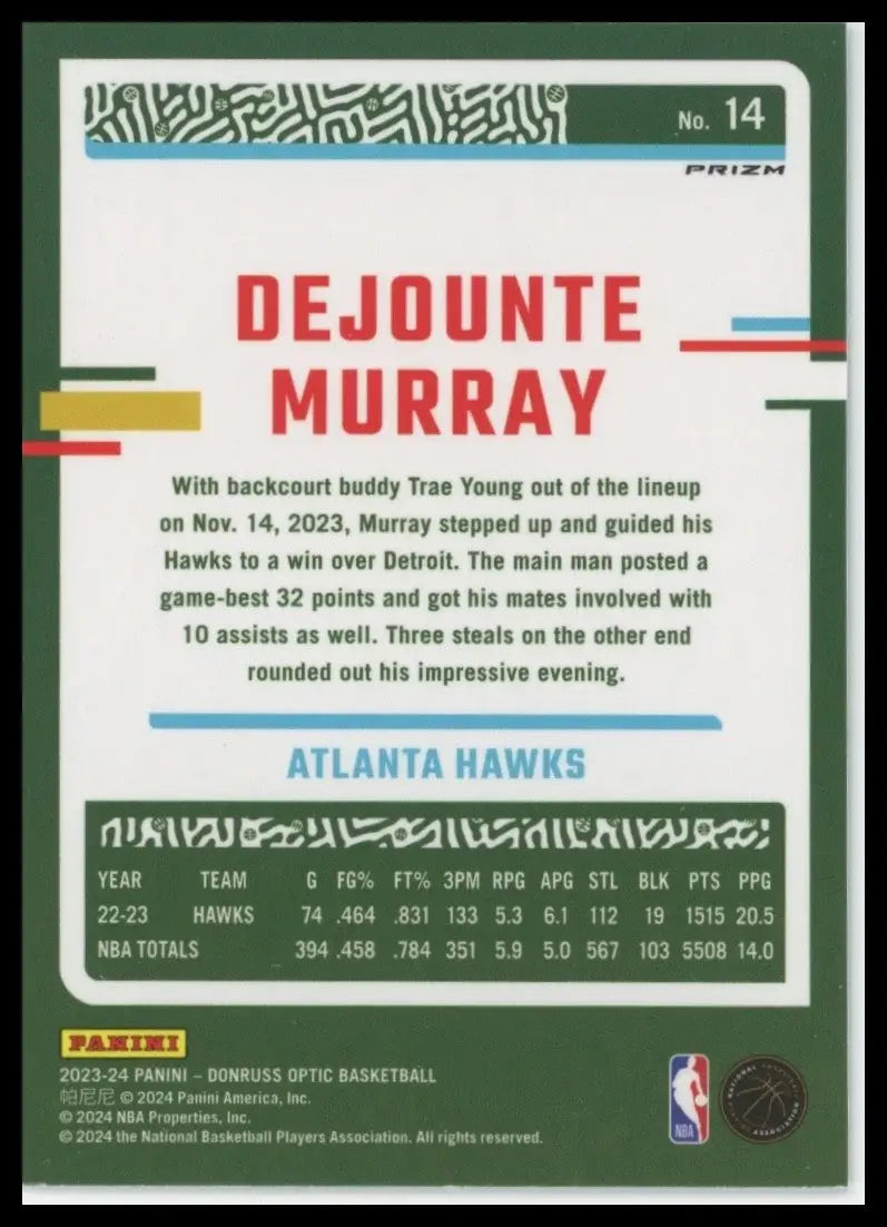 2023-24 Panini Donruss Optic Purple Shock Dejounte Murray #14 Atlanta Hawks Card