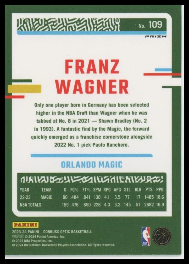2023-24 Panini Donruss Optic Purple Shock Franz Wagner #109 Orlando Magic Card
