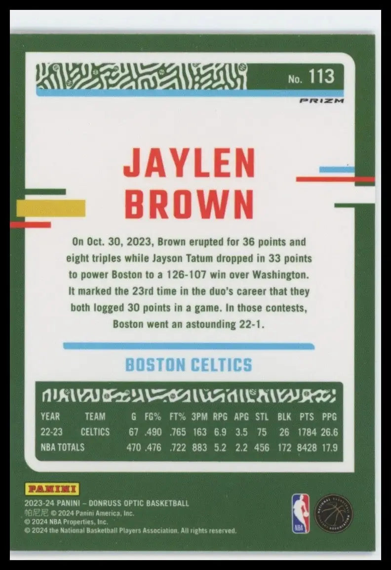 2023-24 Panini Donruss Optic Purple Shock Jaylen Brown #113 Boston Celtics Card