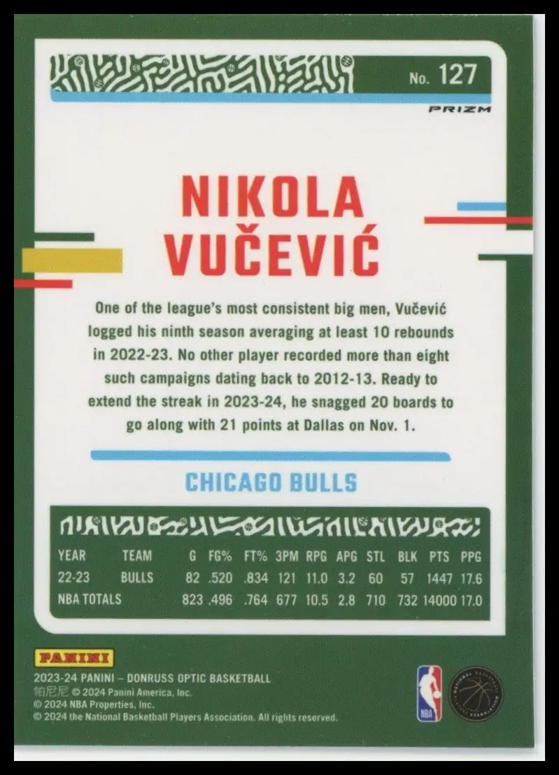 2023-24 Panini Donruss Optic Purple Shock Nikola Vucevic #127 Chicago Bulls Card