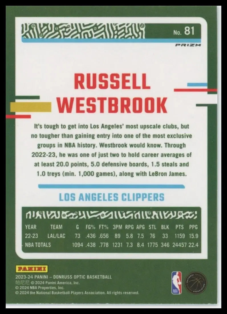 2023-24 Panini Donruss Optic Purple Shock Russell Westbrook #81 LA Clippers Card