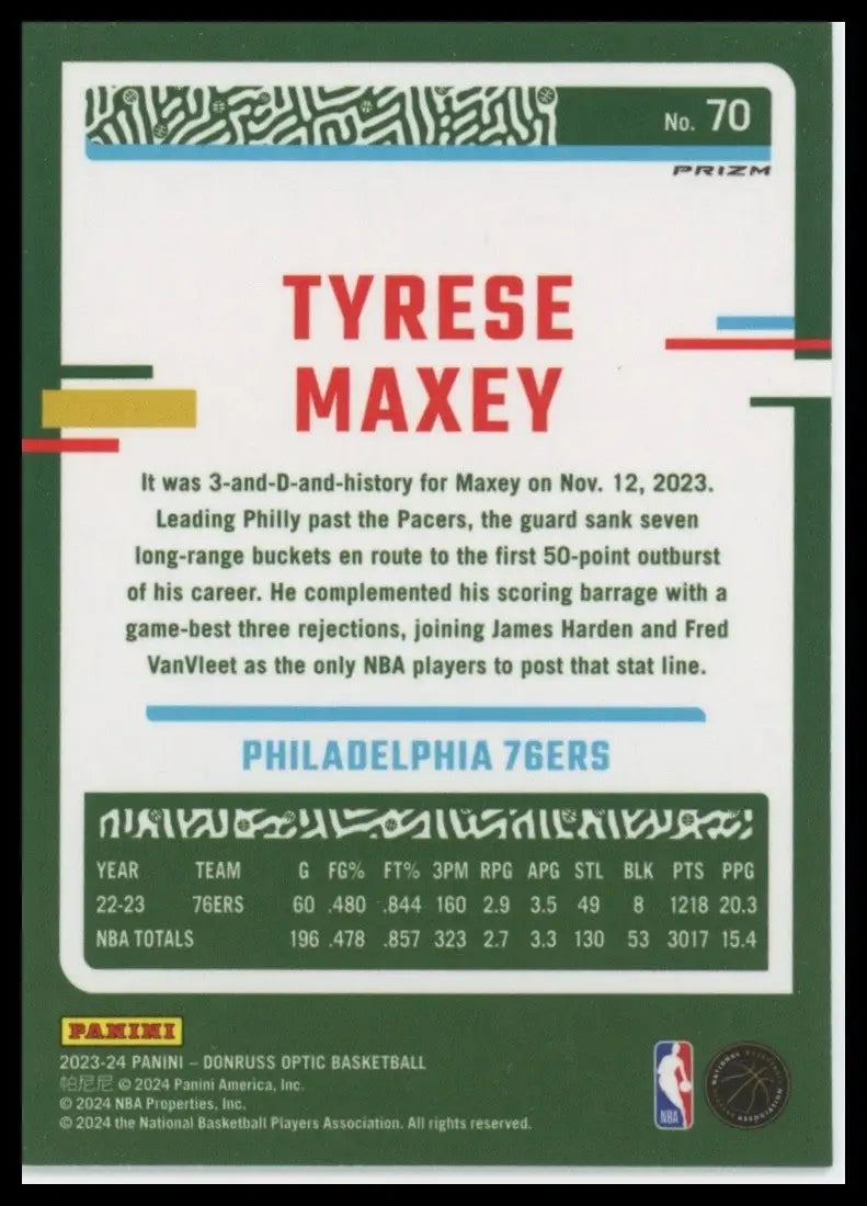 2023-24 Panini Donruss Optic Purple Shock Tyrese Maxey #70 Philadelphia 76ers