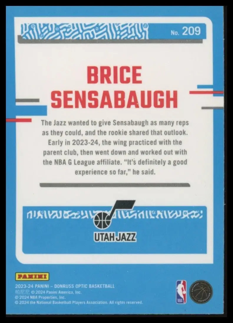 2023-24 Panini Donruss Optic Rookie Brice Sensabaugh #209 Utah Jazz Basketball - Basketball Card Single