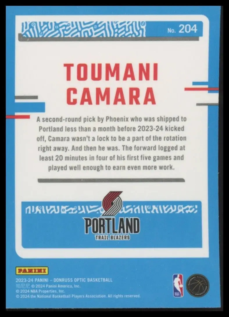 2023-24 Panini Donruss Optic Rookie Toumani Camara #204 Portland Trail Blazers - Basketball Card Single