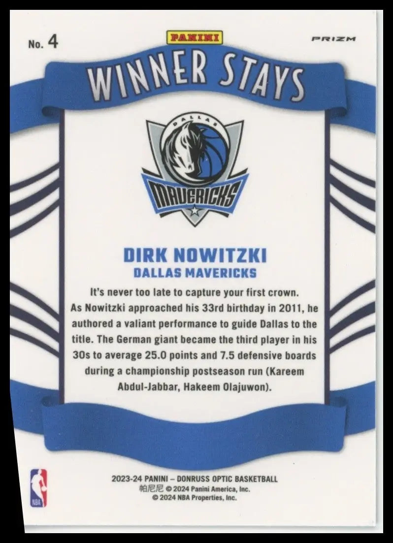 2023-24 Panini Donruss Optic - Winner Stays Dirk Nowitzki #4 Holo Prizm - Basketball Card Single