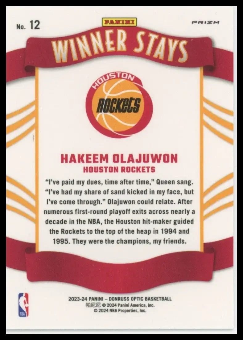 2023-24 Panini Donruss Optic - Winner Stays Hakeem Olajuwon #12 Holo Prizm - Basketball Card Single