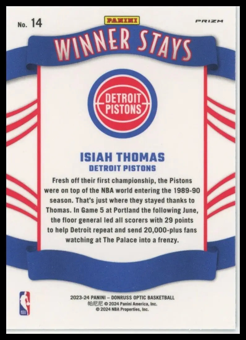 2023-24 Panini Donruss Optic - Winner Stays Isiah Thomas #14 Holo Prizm - Basketball Card Single
