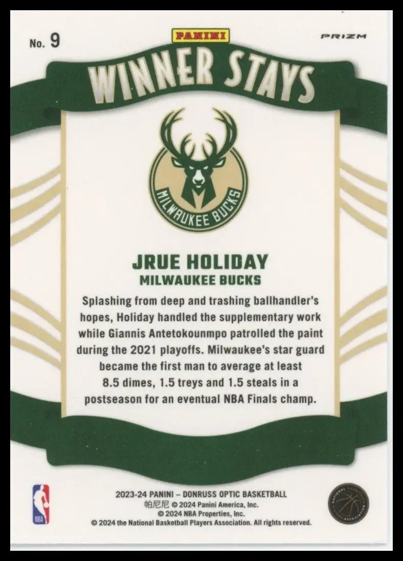 2023-24 Panini Donruss Optic - Winner Stays Jrue Holiday #9 Holo Prizm - Basketball Card Single