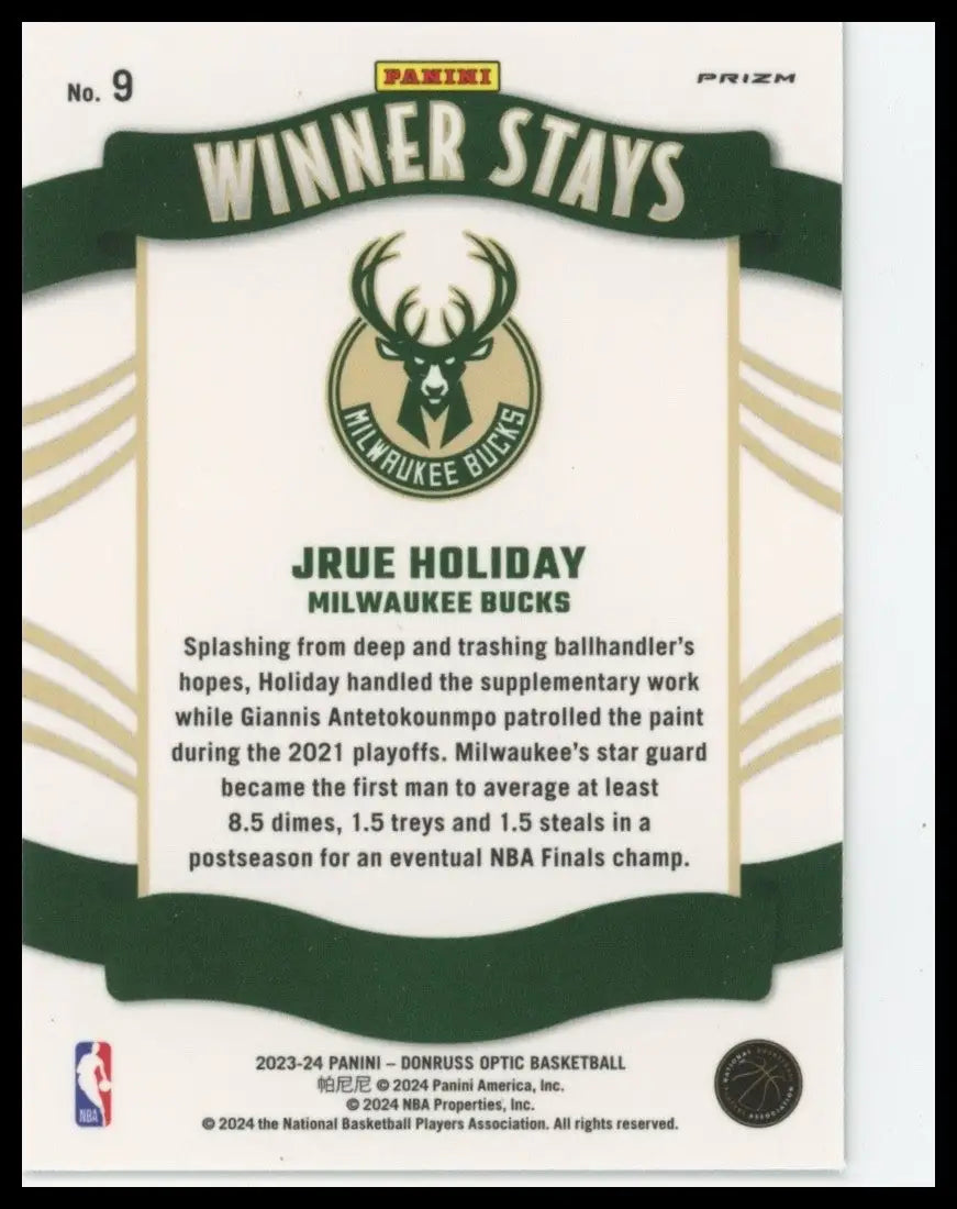 2023-24 Panini Donruss Optic - Winner Stays Jrue Holiday #9 Purple Prizm - Basketball Card Single