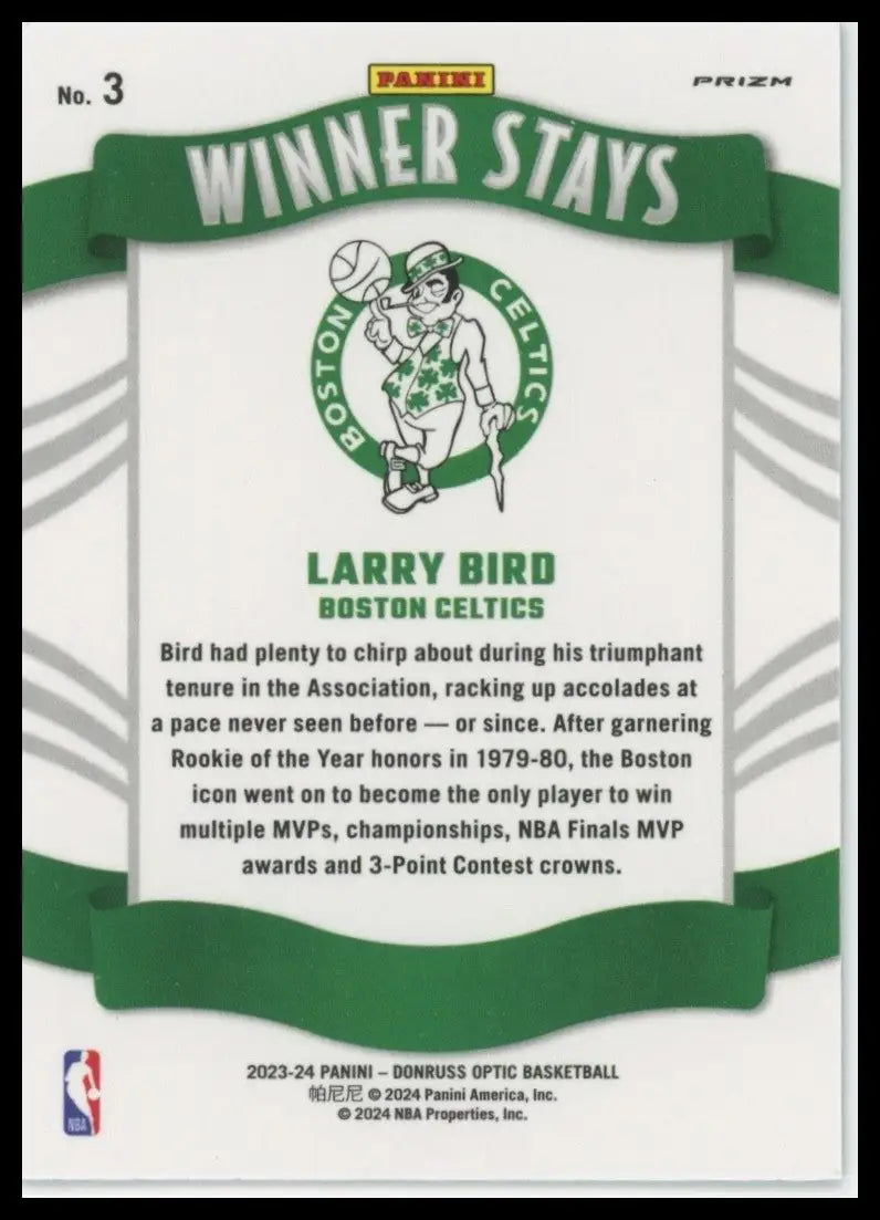 2023-24 Panini Donruss Optic - Winner Stays Larry Bird #3 Purple Prizm - Basketball Card Single