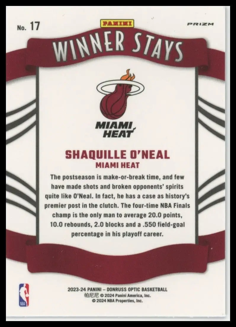 2023-24 Panini Donruss Optic - Winner Stays Shaquille O’Neal #17 Purple Prizm - Basketball Card Single
