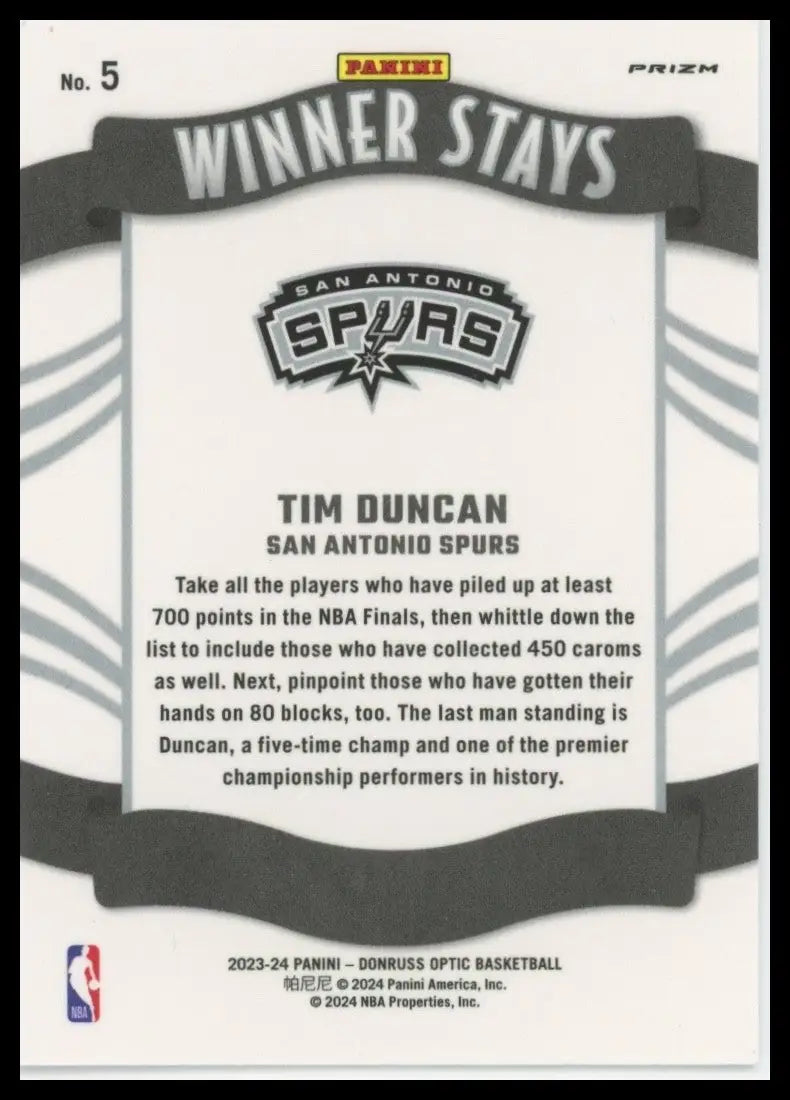 2023-24 Panini Donruss Optic - Winner Stays Tim Duncan #5 Purple Prizm - Basketball Card Single
