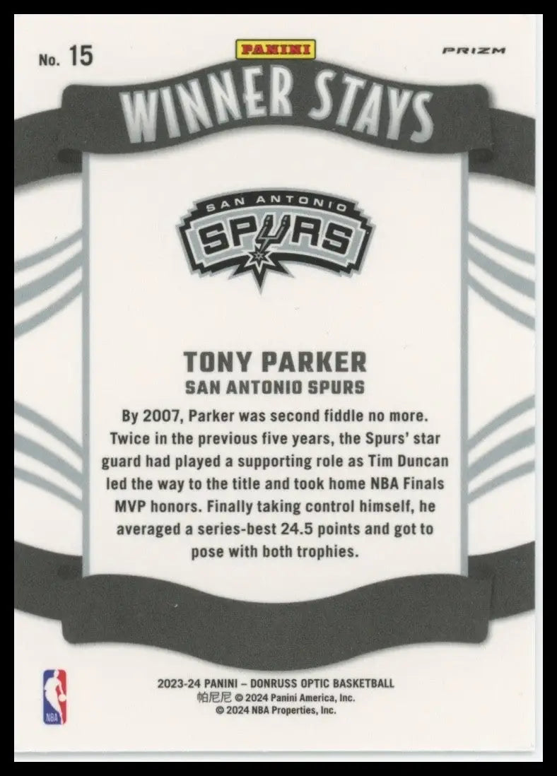 2023-24 Panini Donruss Optic - Winner Stays Tony Parker #15 Purple Prizm - Basketball Card Single