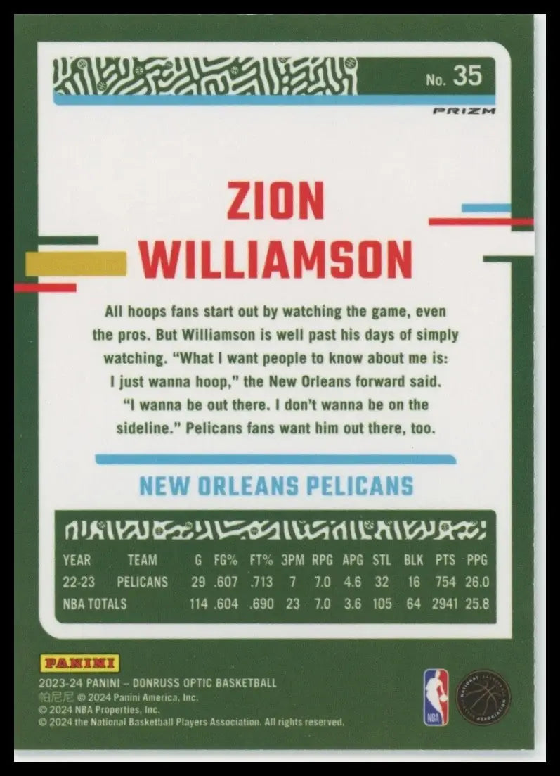 2023-24 Panini Donruss Optic - Zion Williamson #35 Holo Prizm - Basketball Card Single