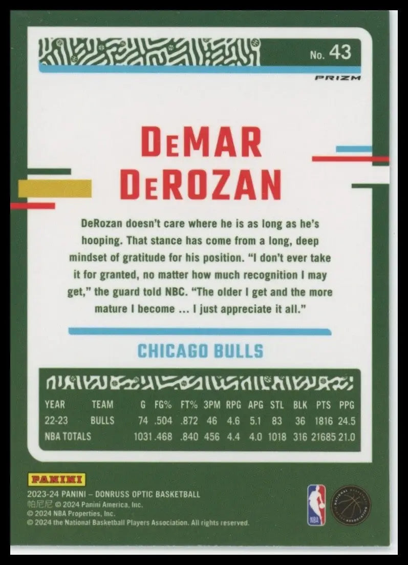 2023-24 Panini Donurss Optic Purple Shock DeMar DeRozan #43 Chicago Bulls Card