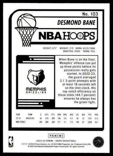 2023-24 Panini Hoops #103 Desmond Bane NM-MT Grizzlies ID:68452 - Basketball Card Single