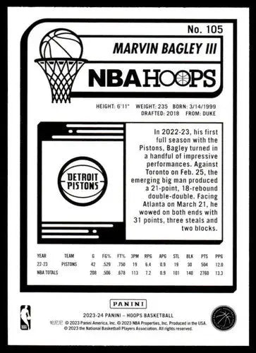 2023-24 Panini Hoops #105 Marvin Bagley III NM-MT Pistons ID:68453 - Basketball Card Single