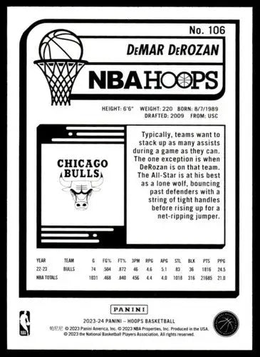 2023-24 Panini Hoops #106 DeMar DeRozan NM-MT Bulls ID:68454 - Basketball Card Single