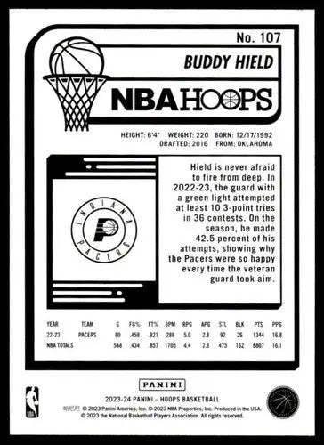 Original gloss Panini Hoops Buddy Hield NBA card 2023-24 Pacers NM Near Mint