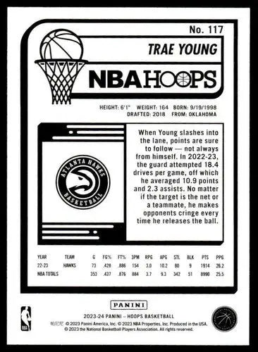 Trae Young basketball card from Panini Hoops 2023-24 with original gloss Near Mint