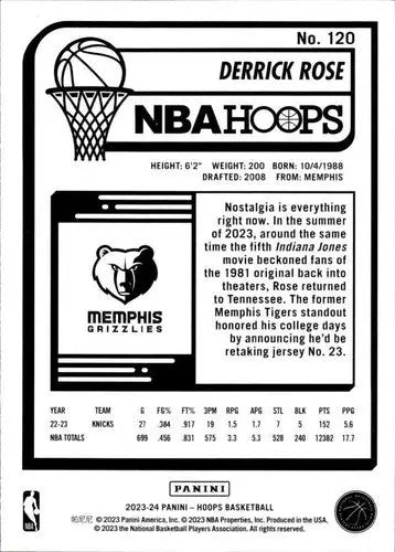 2023-24 Panini Hoops Derrick Rose basketball card with original gloss NM-MT style