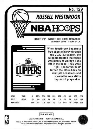 Original gloss Panini Hoops Russell Westbrook basketball card for 2023-24 Clippers