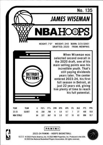 2023-24 Panini Hoops James Wiseman basketball card with original gloss Pistons ID 68462