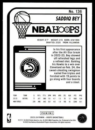 2023-24 Panini Hoops Saddiq Bey basketball card with original gloss and near mint condition