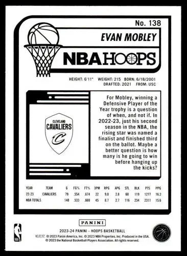 Original gloss Panini Hoops Evan Mobley basketball card in near mint condition