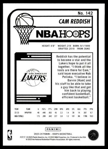 Panini Hoops Cam Reddish basketball card with original gloss from 2023-24 Lakers series