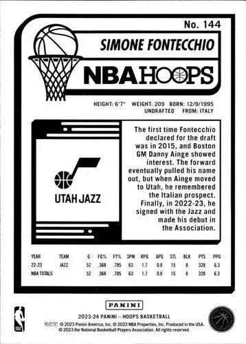 Simone Fontecchio Panini Hoops 2023-24 NBA card with original gloss Jazz player