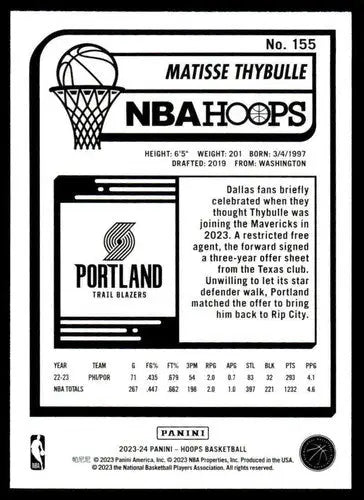 2023-24 Panini Hoops Matisse Thybulle basketball card with original gloss Near Mint NM