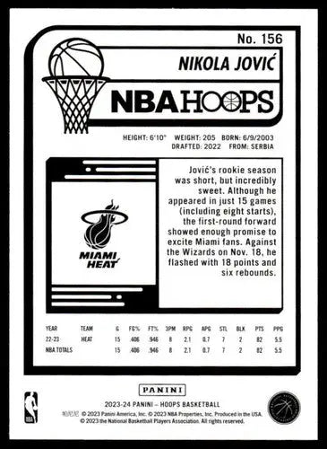 Original gloss Panini Hoops Nikola Jovic basketball card from 2023-24 series Near Mint