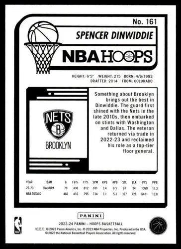 Spencer Dinwiddie Panini Hoops basketball card with original gloss in the 2023-24 collection